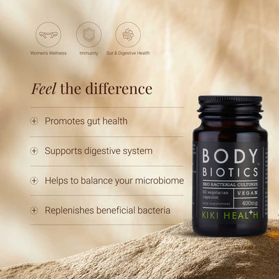 Body Biotics supplement bottle with benefits on a beige background