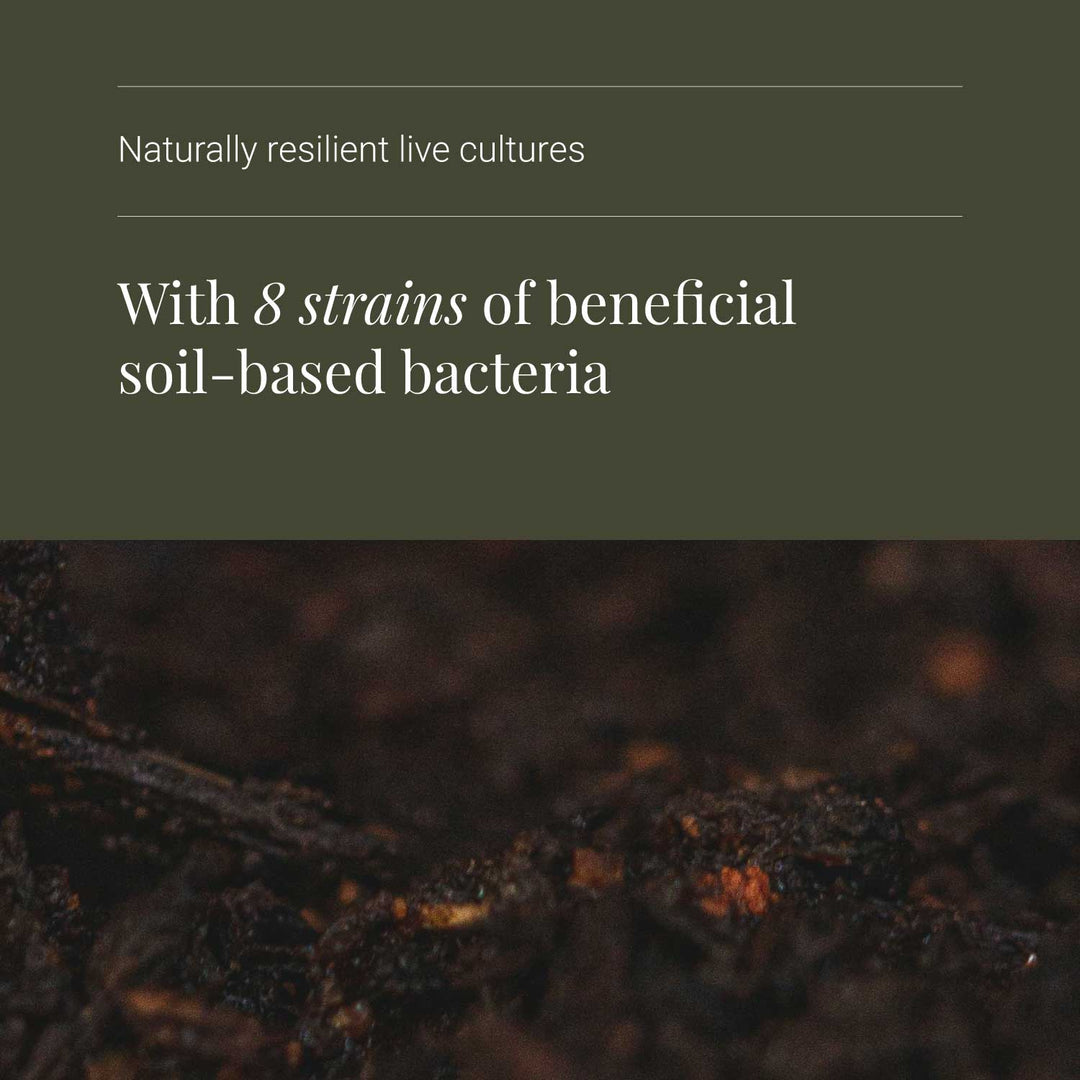 Body Biotics naturally resilient live cultures with beneficial soil-based bacteria on a dark background