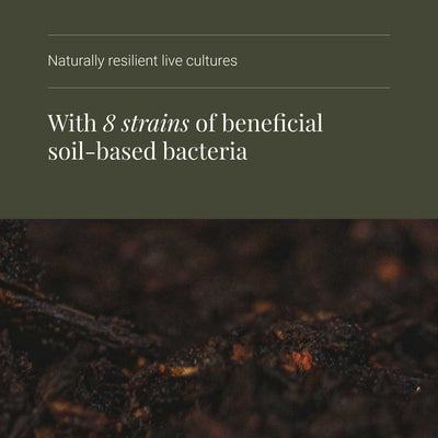 Body Biotics naturally resilient live cultures with beneficial soil-based bacteria on a dark background