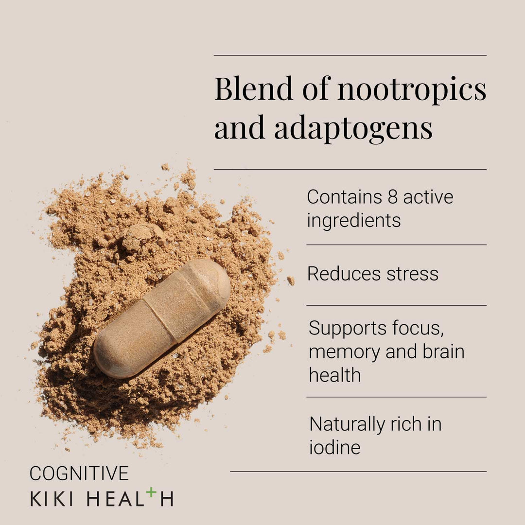 Cognitive supplements benefits on a beige capsule background, featuring KIKI Health branding