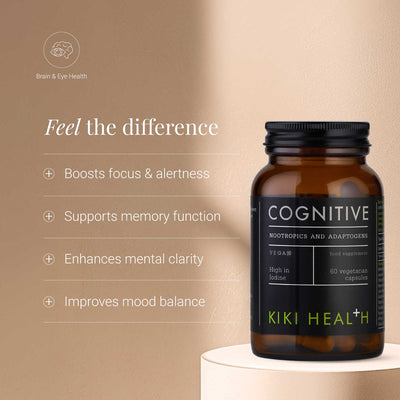 Cognitive supplement bottle on a beige background with text highlighting benefits.