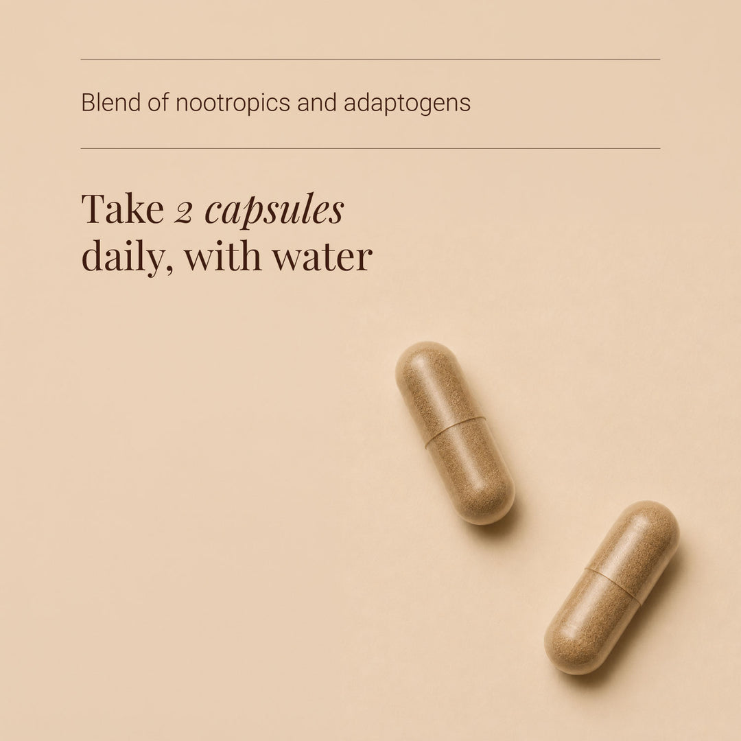 Cognitive supplements on a beige background with text about nootropics and adaptogens