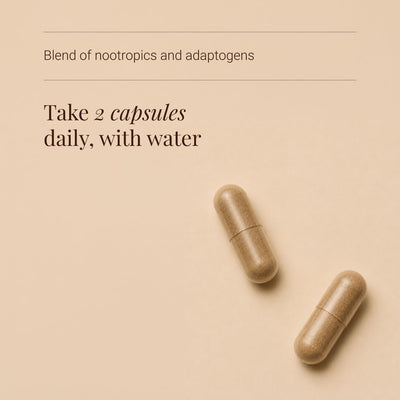Cognitive supplements on a beige background with text about nootropics and adaptogens