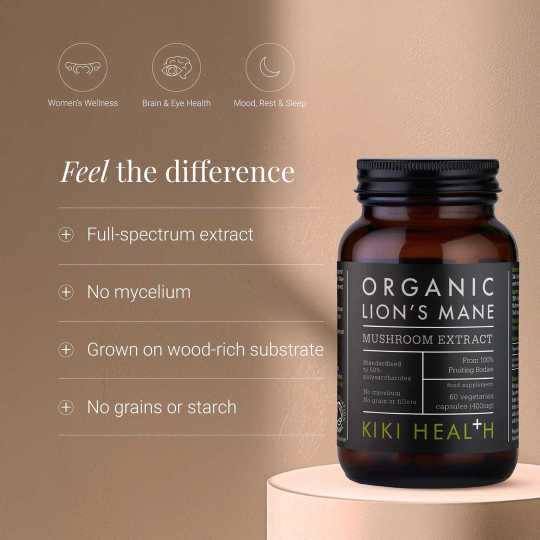 Kiki Health Organic Lion's Mane mushroom extract bottle on a beige background with product features listed.