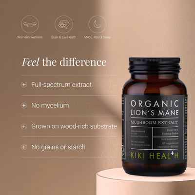 Kiki Health Organic Lion's Mane mushroom extract bottle on a beige background with product features listed.