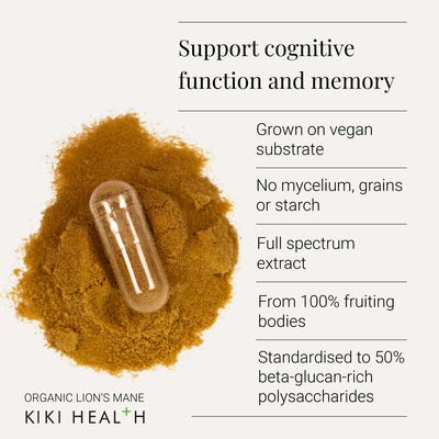 KIKI Health organic lion's mane supplement with a capsule and mushroom powder on a white background