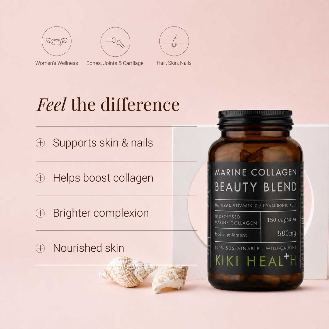 Kiki Health Marine Collagen Beauty Blend bottle on a pink background with product benefits listed.