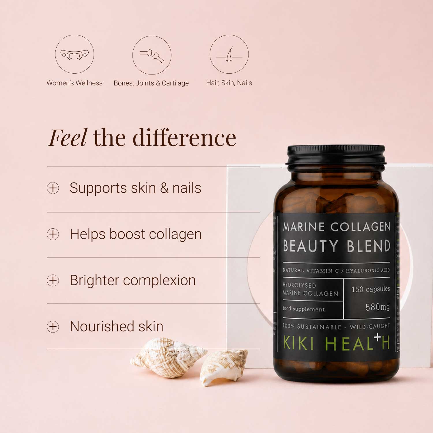 Kiki Health Marine Collagen Beauty Blend bottle on a pink background with product benefits listed.