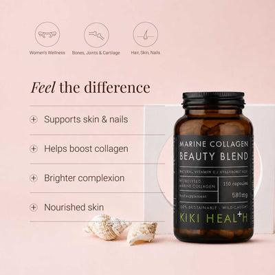 Kiki Health Marine Collagen Beauty Blend bottle on a pink background with product benefits listed.