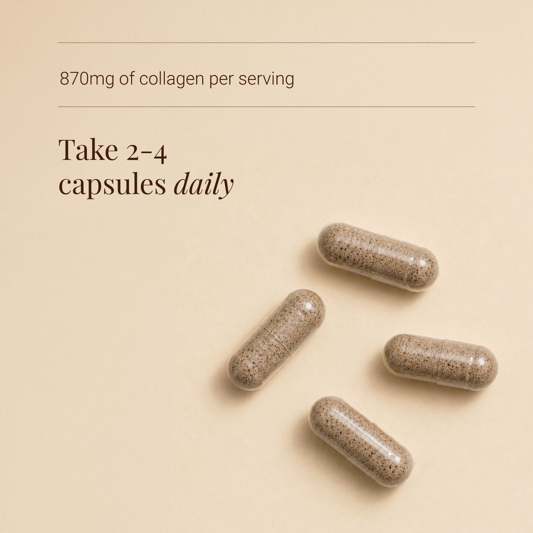 Collagen capsules with text on a beige background