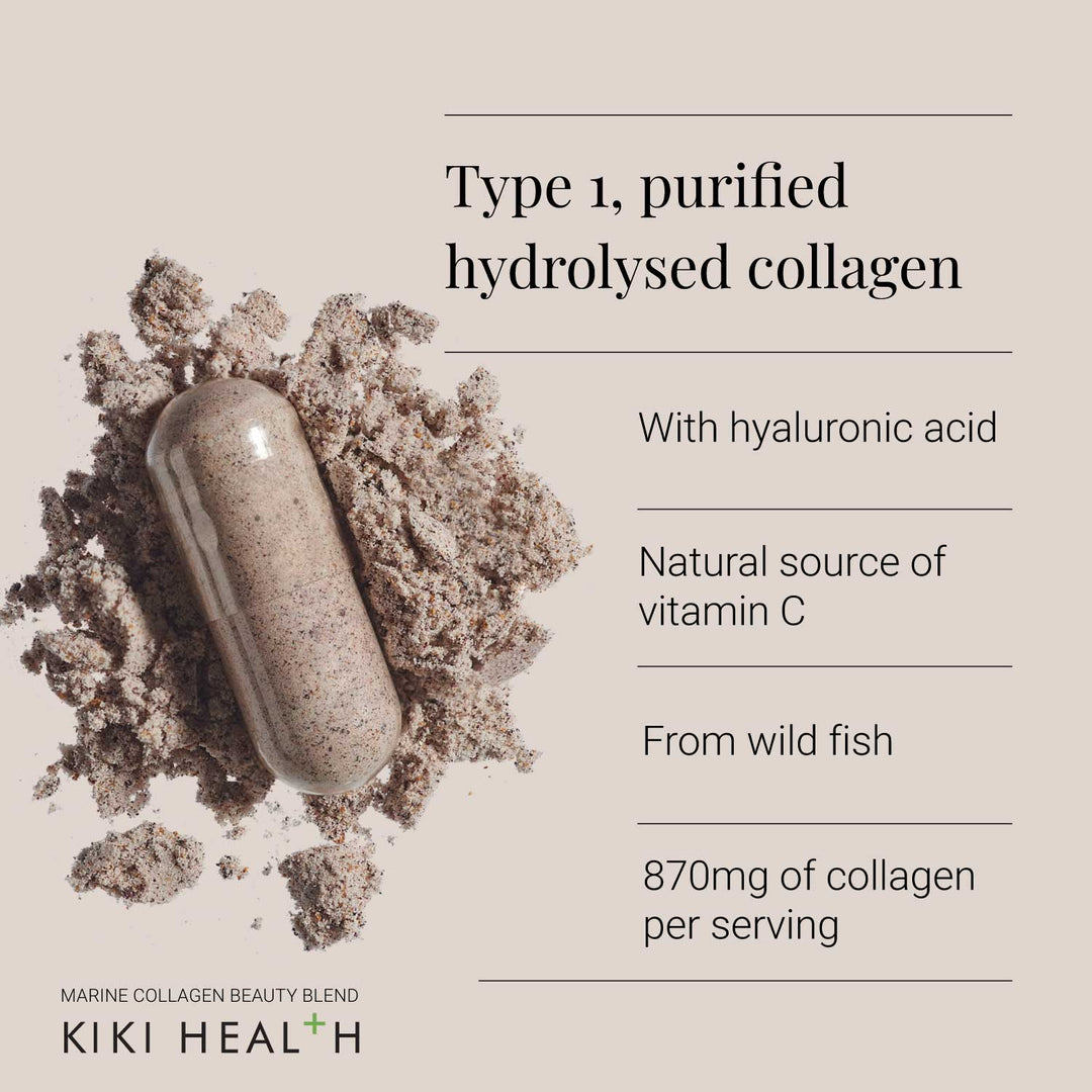 Collagen supplement capsule with powder on a beige background, featuring KIKI Health branding