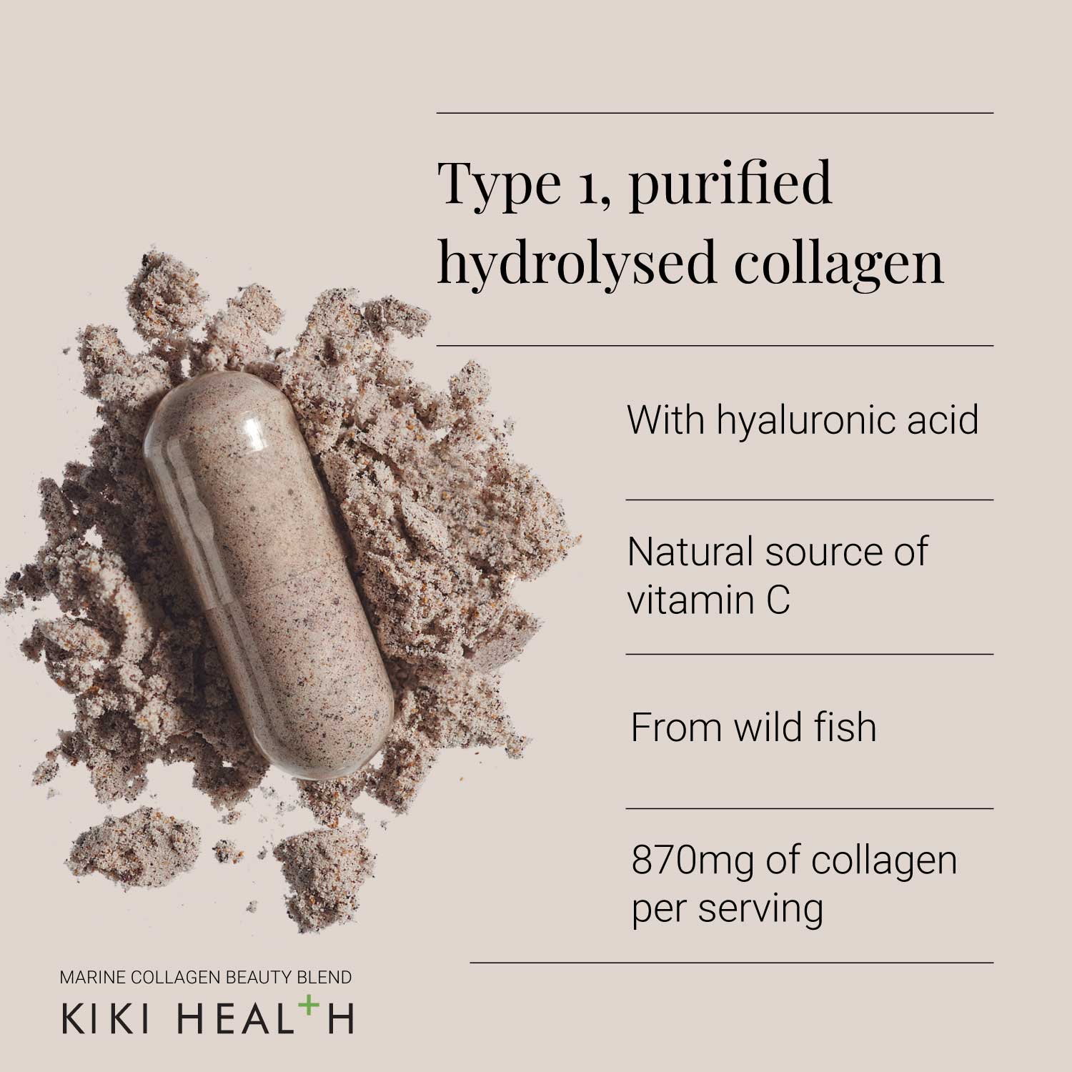 Collagen supplement capsule with powder on a beige background, featuring KIKI Health branding