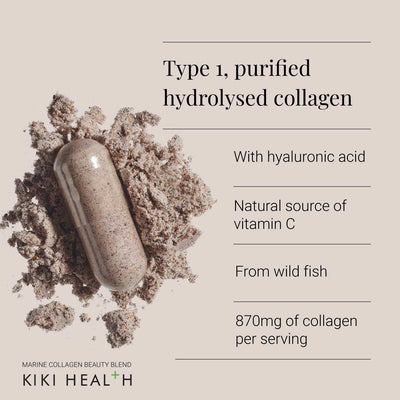 Collagen supplement capsule with powder on a beige background, featuring KIKI Health branding
