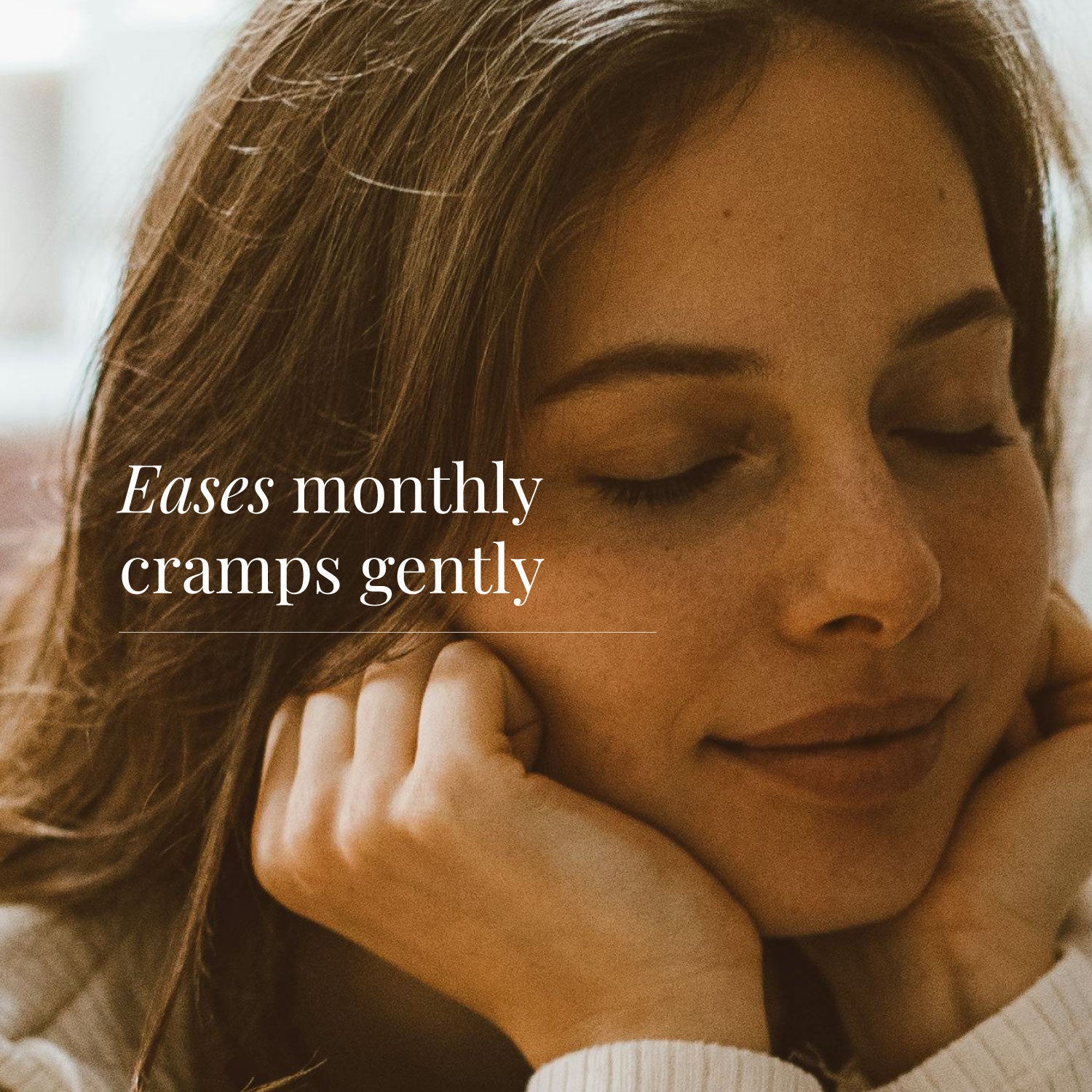 PMS supplement with text overlay 'Eases monthly cramps gently' on lifestyle background