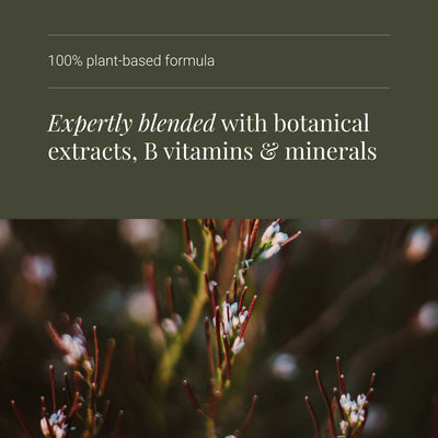 PMS supplement with text about a plant-based ingredients on a dark background