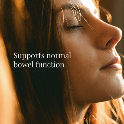 Person with text overlay for Psyllium Powder benefits 'Supports normal bowel function'