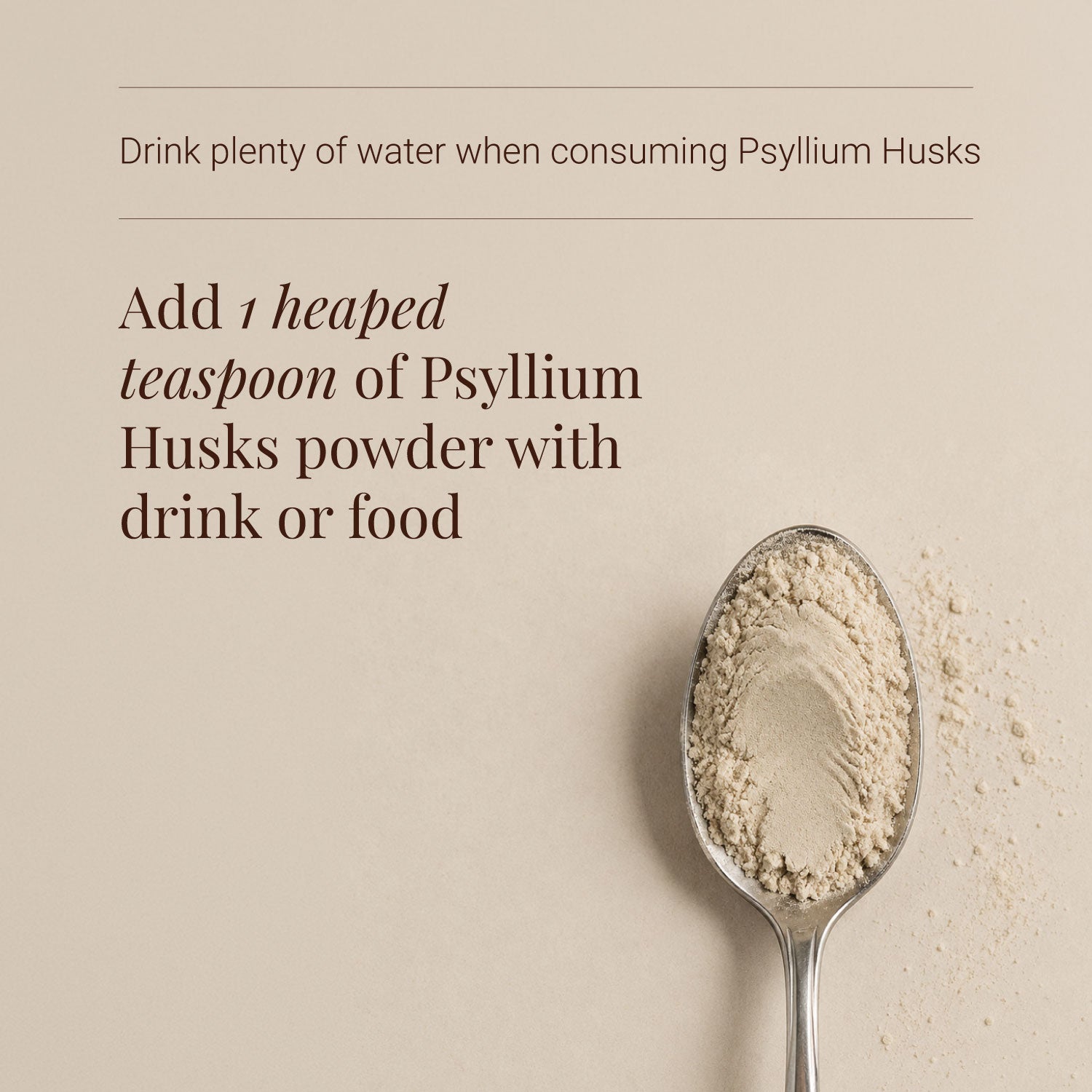 Spoon with Psyllium Husks powder and text on a beige background