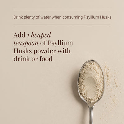 Spoon with Psyllium Husks powder and text on a beige background