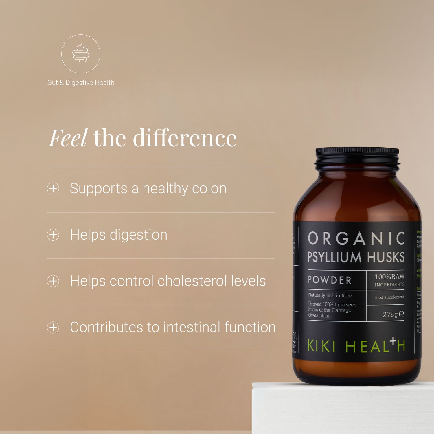 Organic Psyllium Husks Powder bottle on a beige background with product benefits listed.