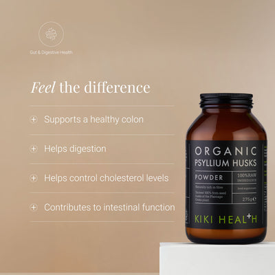 Organic Psyllium Husks Powder bottle on a beige background with product benefits listed.
