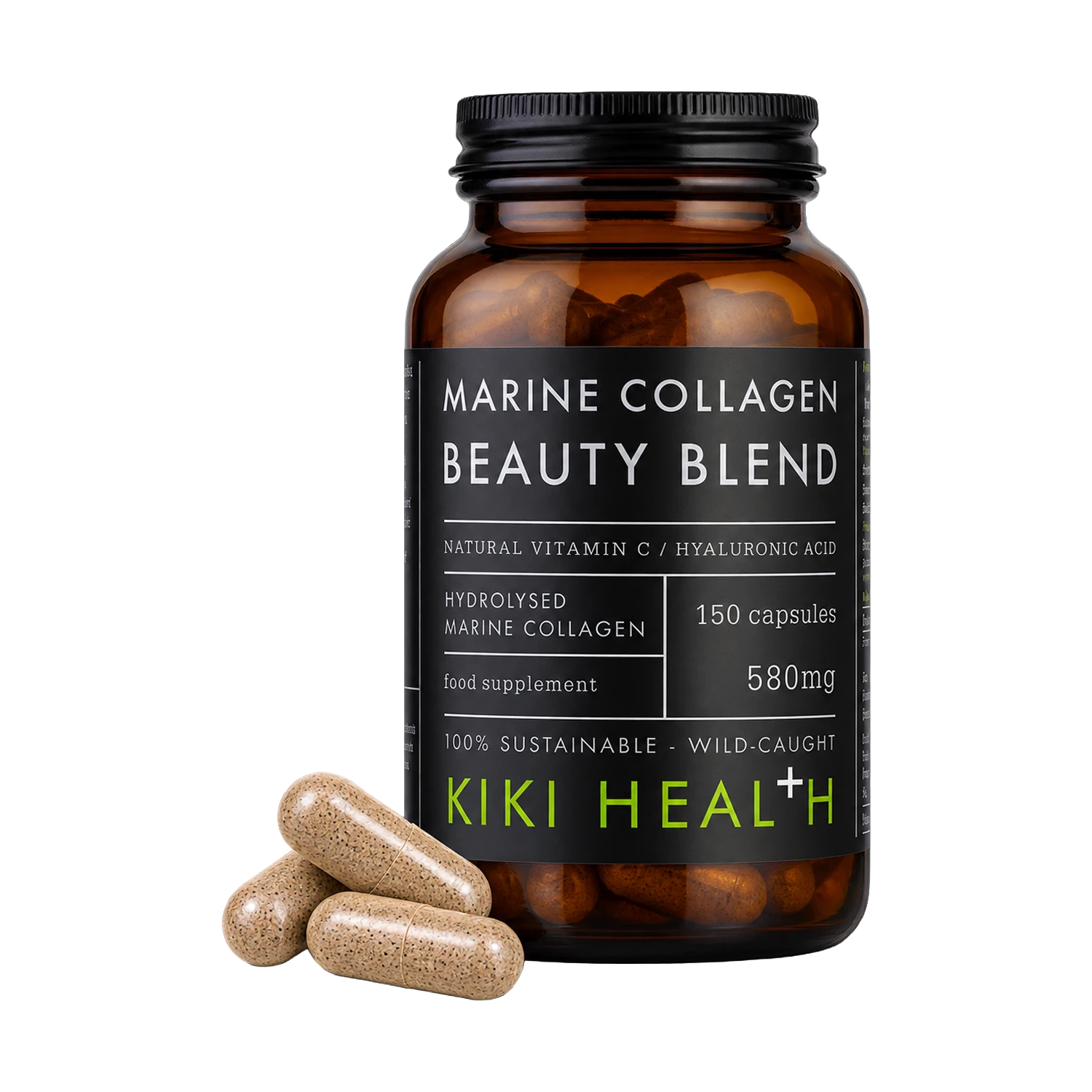 A bottle of Kiki Health Marine Collagen Beauty Blend food supplement with three capsules in front, on a solid white background.