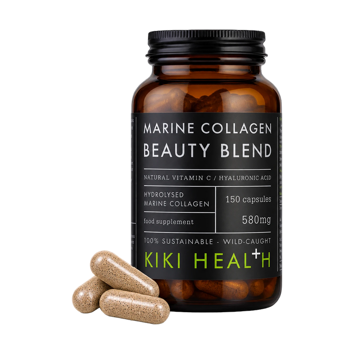 A bottle of Kiki Health Marine Collagen Beauty Blend food supplement with three capsules in front, on a solid white background.