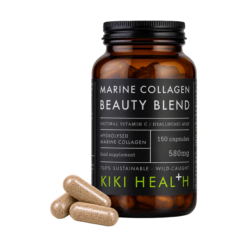 A bottle of Kiki Health Marine Collagen Beauty Blend food supplement with three capsules in front, on a solid white background.