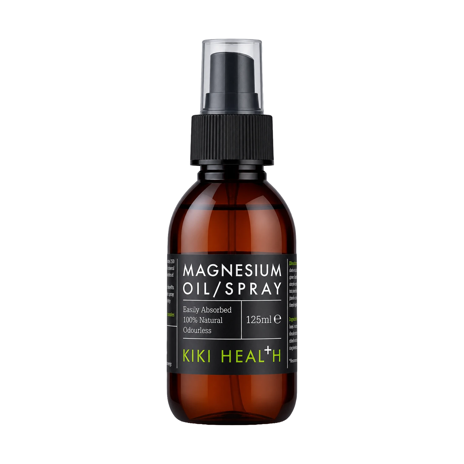 A 125ml amber glass bottle of Kiki Health Magnesium Oil Spray with a black spray nozzle and a black label featuring green brand text, set against a plain white background.