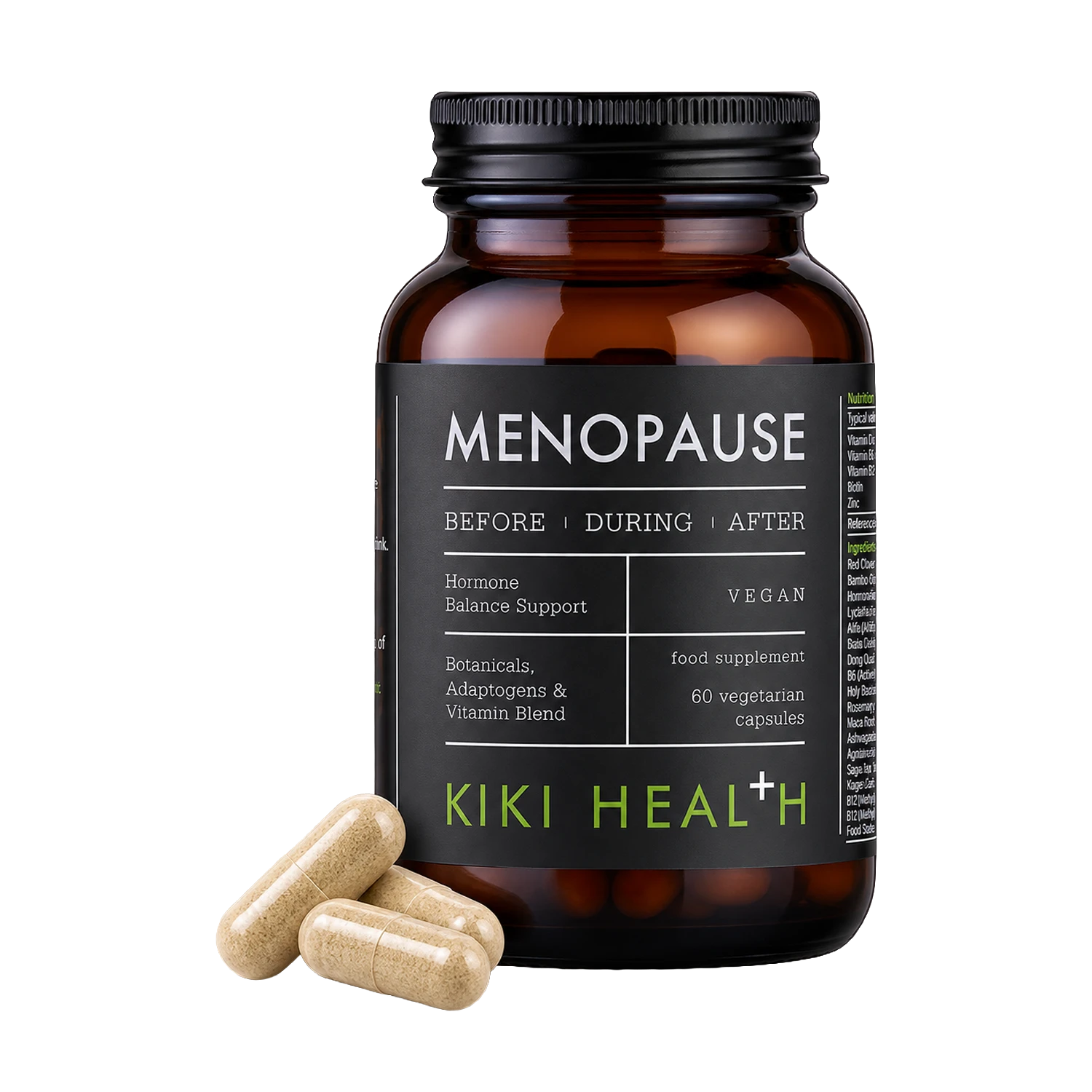 An amber supplement bottle labeled 'MENOPAUSE' by Kiki Health+ with three beige capsules placed in front on a clean white background.