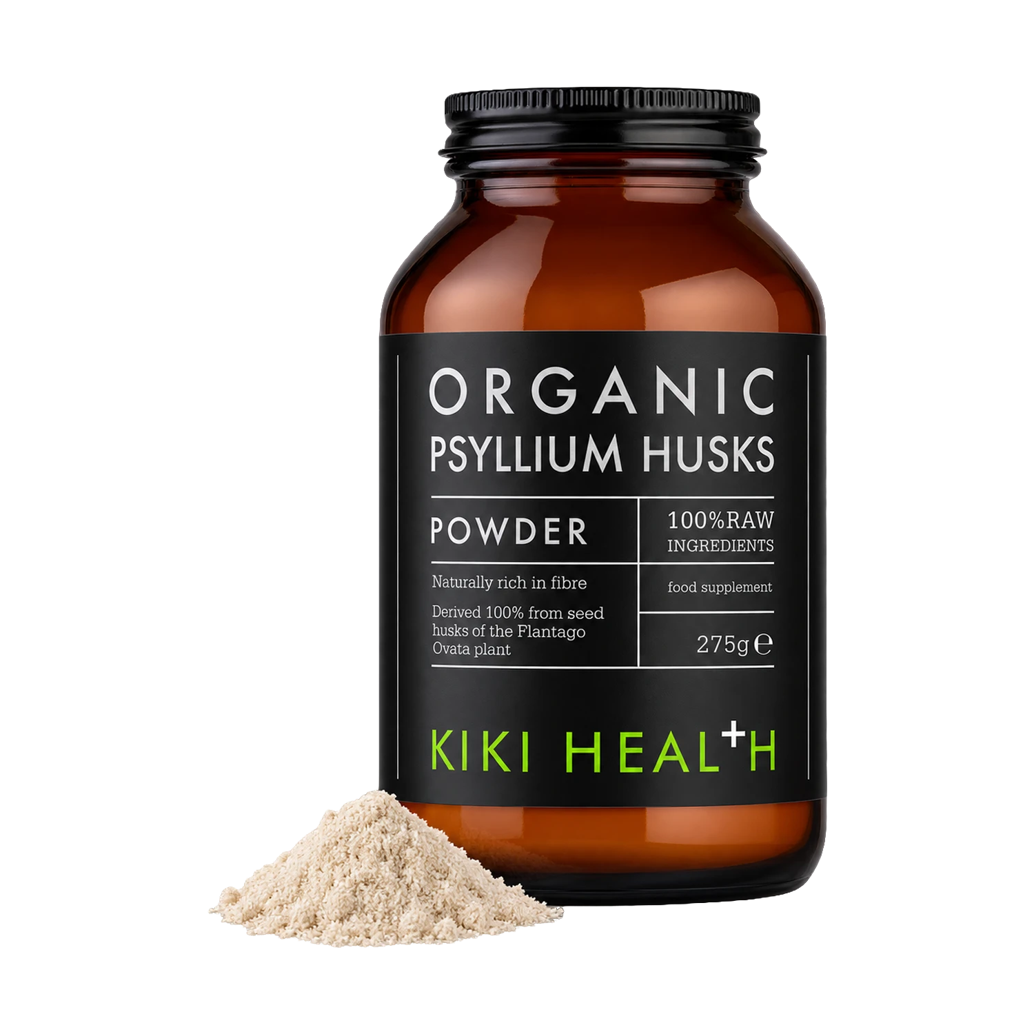 An amber glass jar of Kiki Health Organic Psyllium Husks powder with a black label, shown on a white background with a small pile of the beige powder in front.