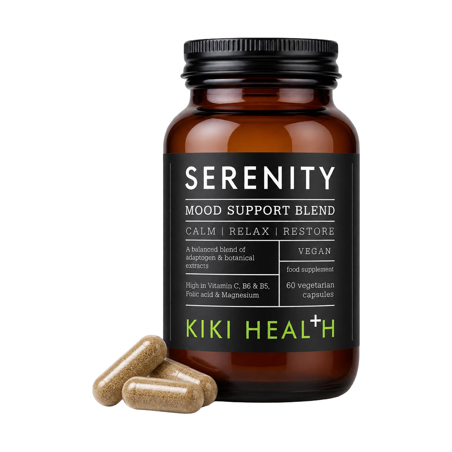 An amber glass supplement bottle labeled 'SERENITY MOOD SUPPORT BLEND' by Kiki Health, with three tan capsules placed in front on a clean white background.