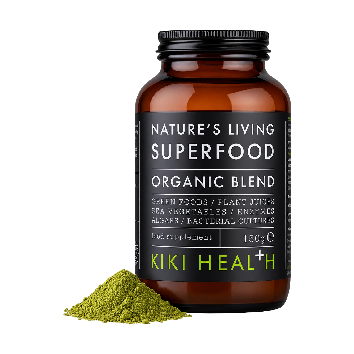 A bottle of Nature's Living Superfood Organic Blend food supplement by Kiki Health+, shown on a white background with a small pile of green powder in front of the bottle.