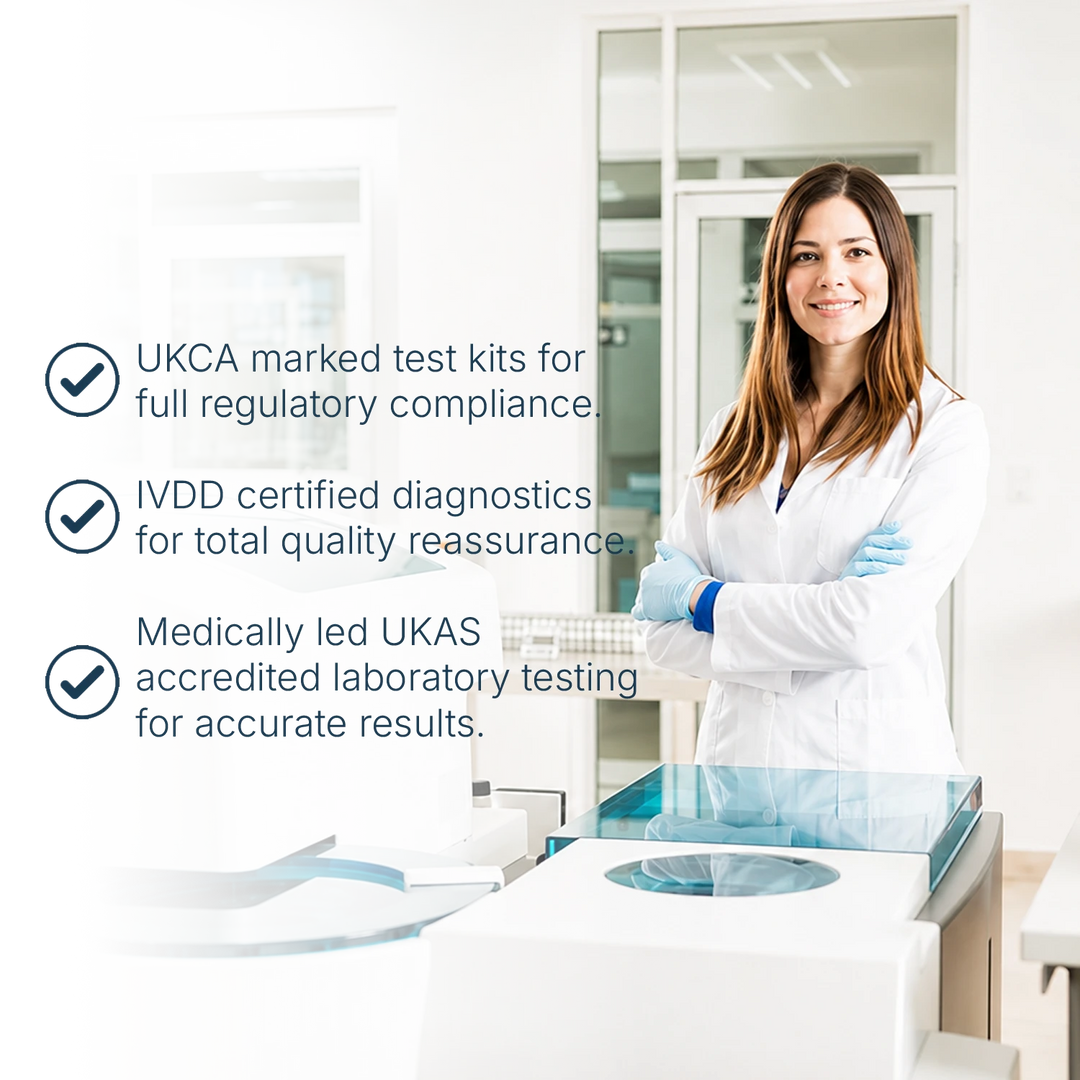 A laboratory technician working beside diagnostic testing equipment in a bright laboratory setting.