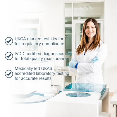 A woman in a white lab coat and blue gloves stands in a bright laboratory setting beside a modern white and blue testing machine. Text on the left highlights UKCA marked test kits, IVDD certified diagnostics, and UKAS accredited laboratory testing.