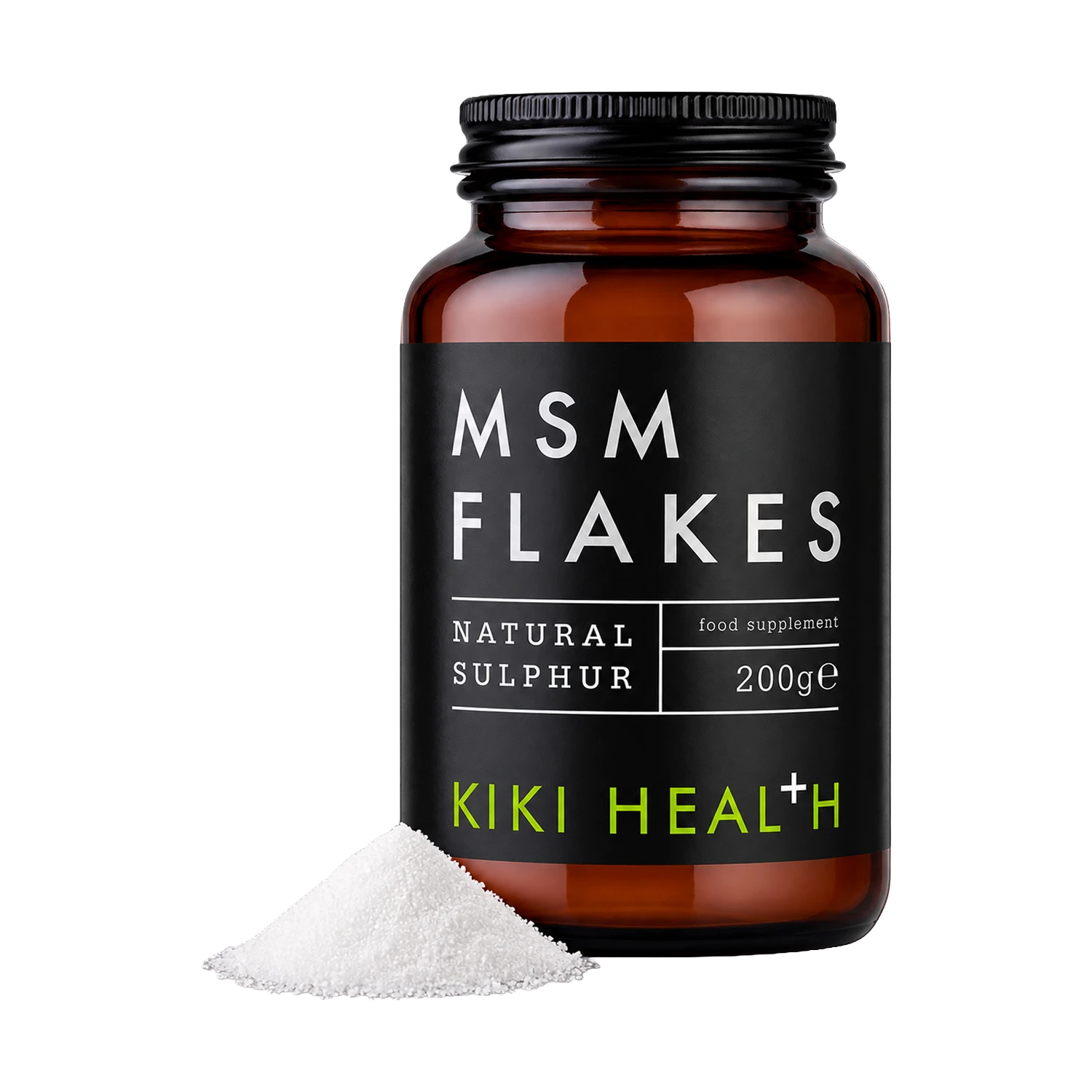 An amber glass bottle of Kiki Health MSM Flakes food supplement with a black label, shown with a small pile of white flakes in front on a white background.