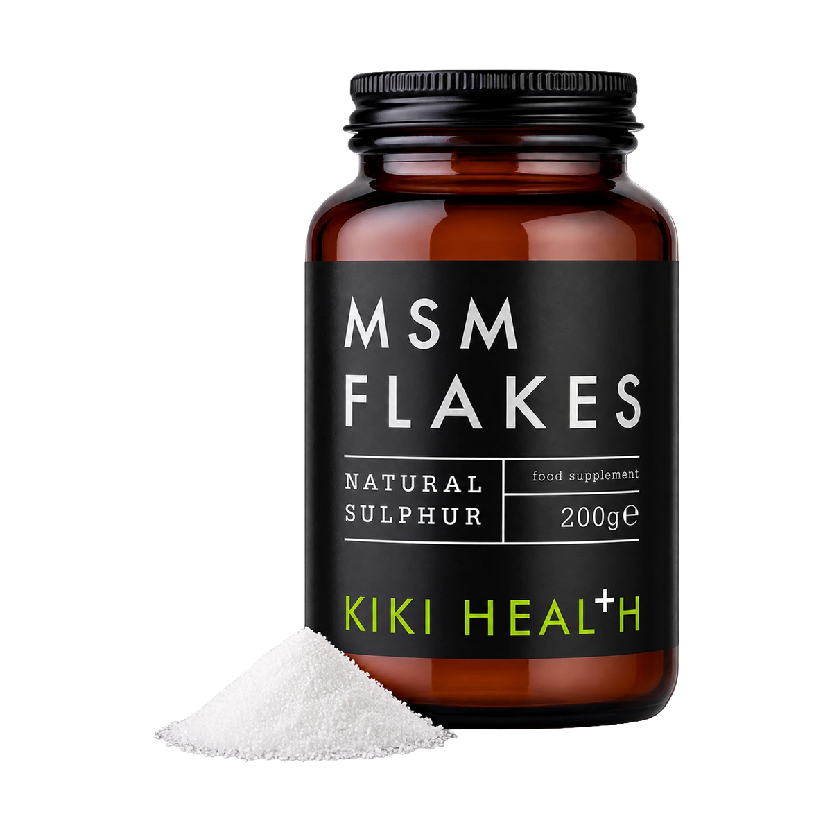 An amber glass bottle of Kiki Health MSM Flakes food supplement with a black label, shown with a small pile of white flakes in front on a white background.