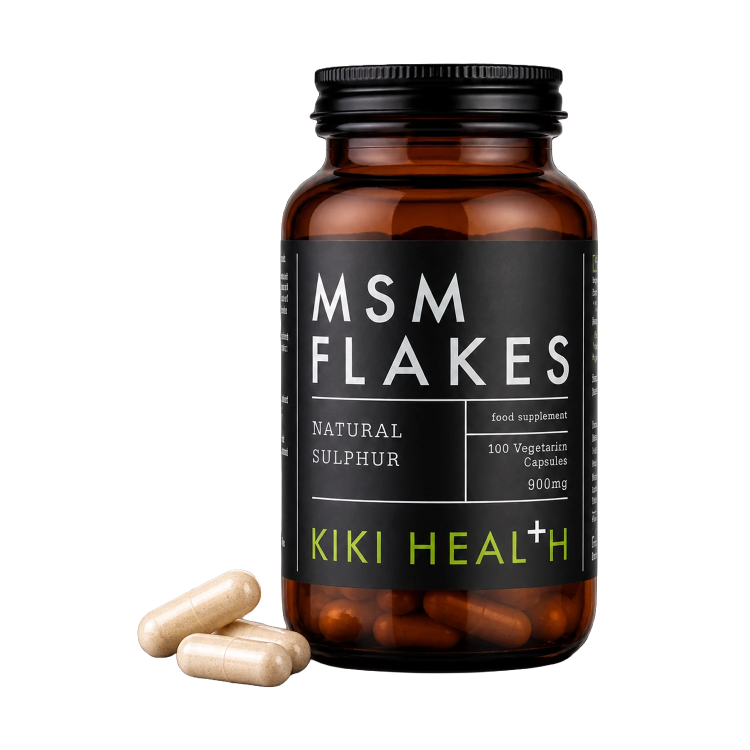 An amber supplement bottle labeled MSM FLAKES by Kiki Health+ with three beige capsules placed in front, on a clean white background.