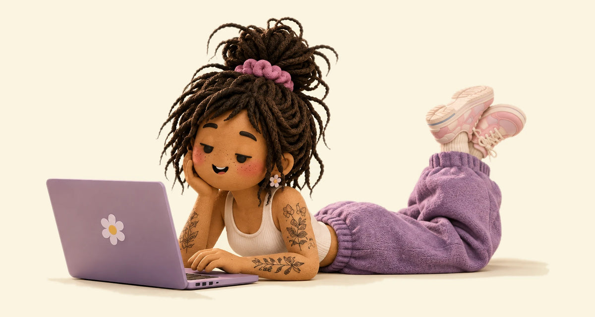 A person with dreadlocks rests their head on their hand while using a purple laptop with a daisy sticker.