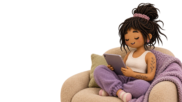 A person with dreadlocks sits on a sofa using a tablet device while wrapped in a purple blanket.