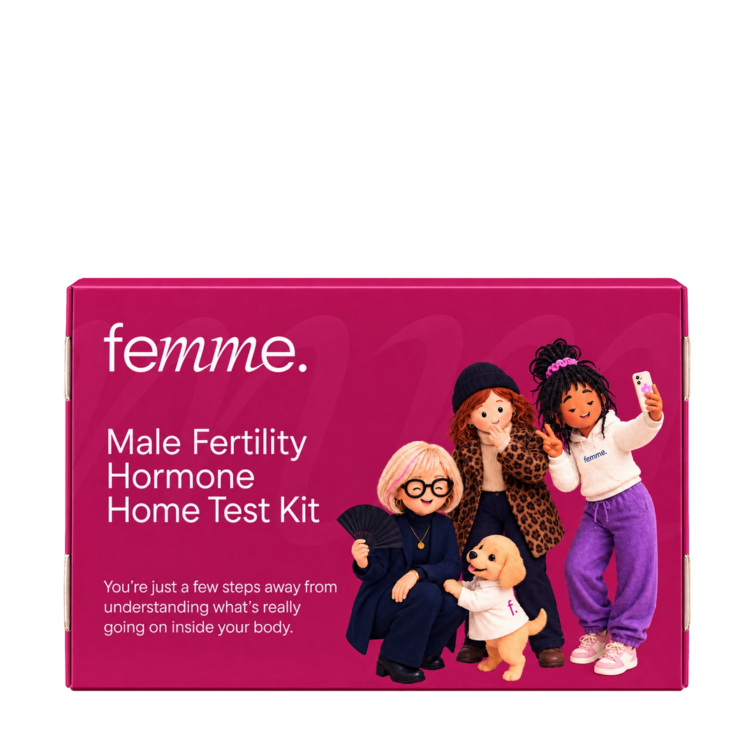 A magenta-pink product box for the femme Male Fertility Hormone Home Test Kit, featuring white text and illustrations of four diverse women and a small dog on the front.