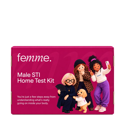 A bright pink rectangular product box for the femme Male STI Home Test Kit, featuring white text and illustrations of four diverse women and a small dog on the front.