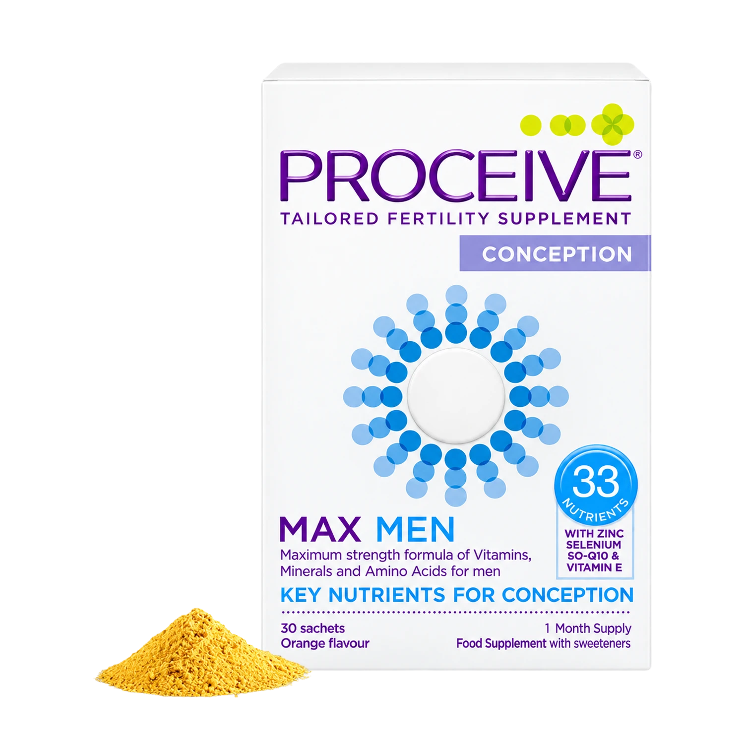 Proceive Conception Max Men tailored fertility supplement box shown on a white background with a small pile of yellow-orange powder in front. The box is white with purple and blue text and graphics, and a blue circular badge says '33 Magnesium'.