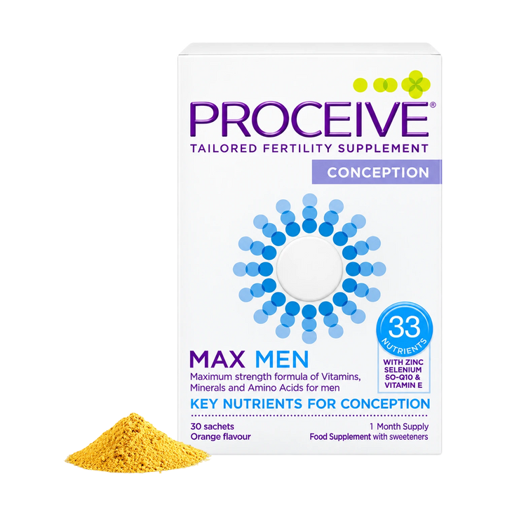 Proceive Conception Max Men tailored fertility supplement box shown on a white background with a small pile of yellow-orange powder in front. The box is white with purple and blue text and graphics, and a blue circular badge says '33 Magnesium'.