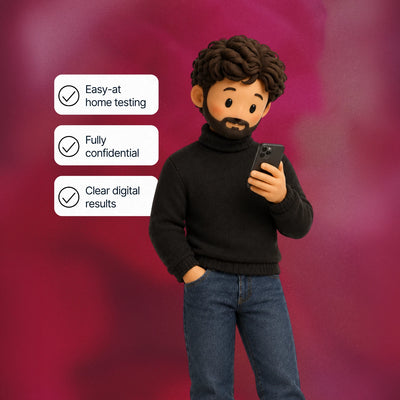 A man holding a smartphone next to three labelled checkmarks: Easy-at home testing, Fully confidential, Clear digital results.
