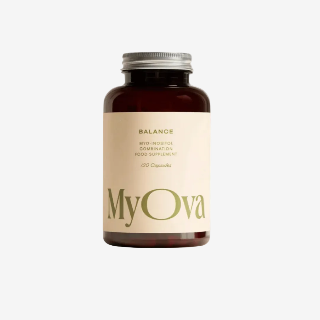 MyOva supplement bottle on a light beige background