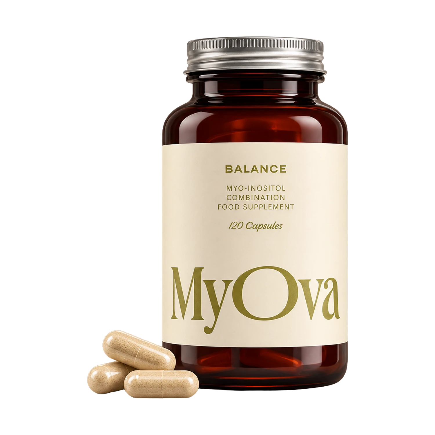 A bottle of MyOva food supplement capsules on a solid white background, with three capsules placed in front of the bottle.