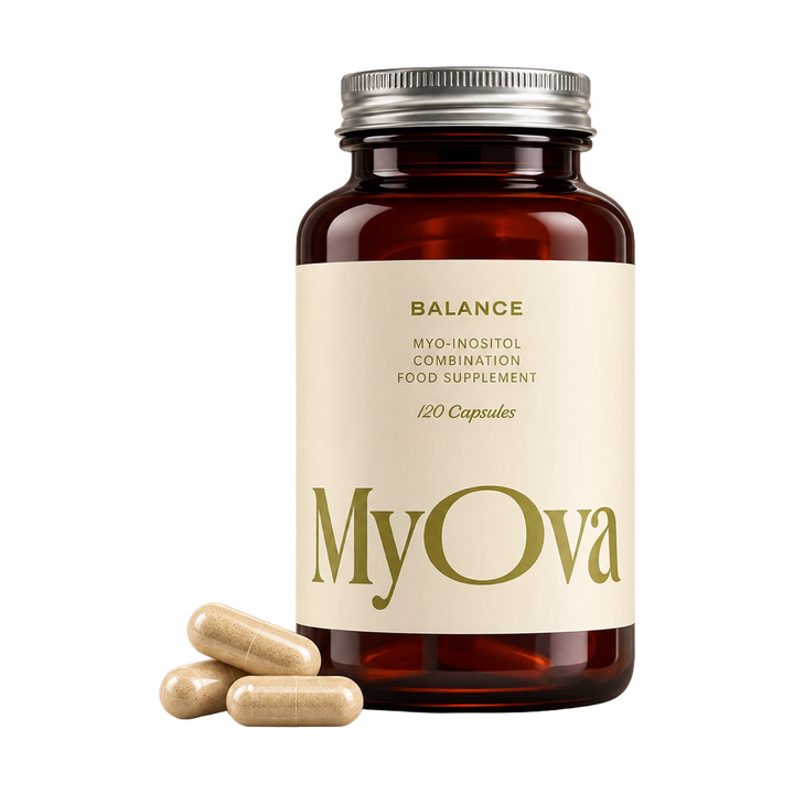 A bottle of MyOva food supplement capsules on a solid white background, with three capsules placed in front of the bottle.