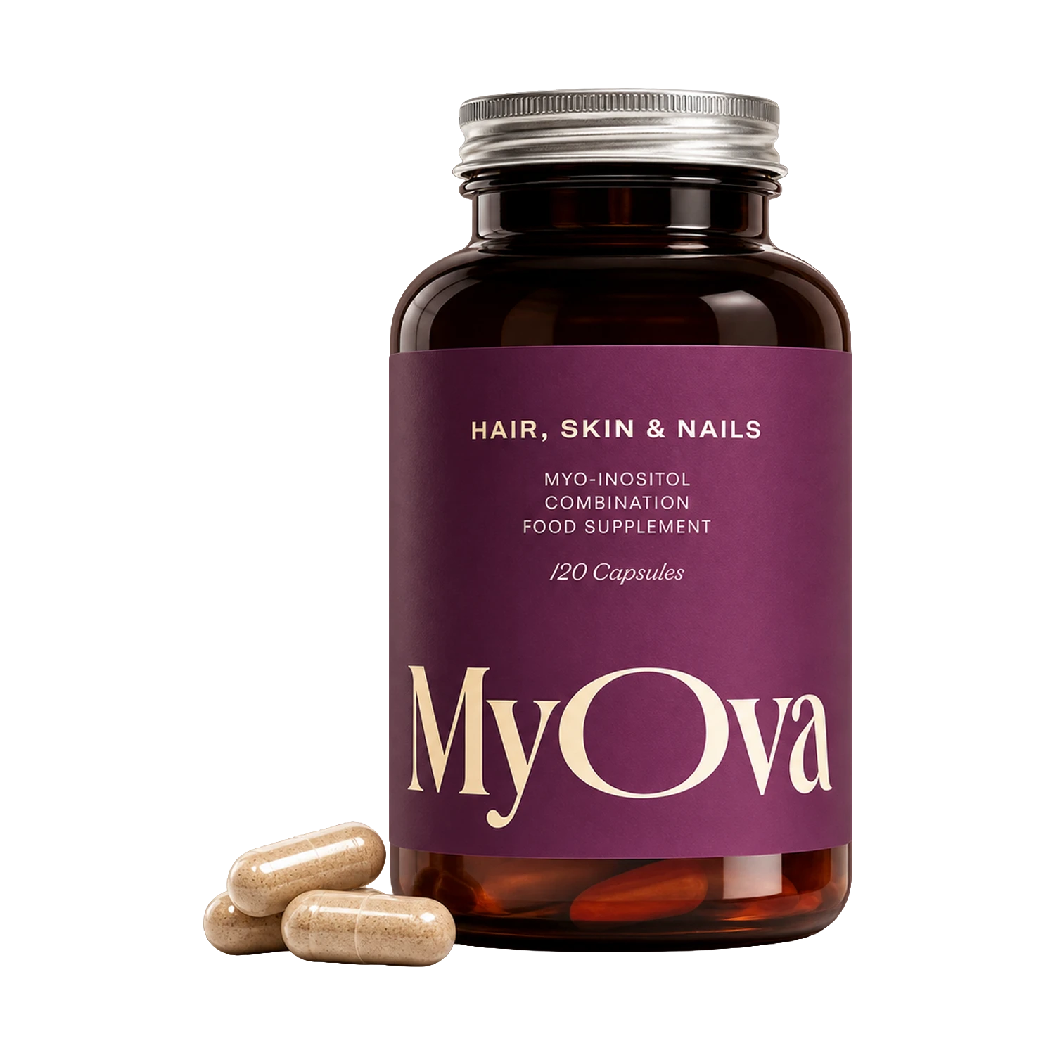 A dark amber supplement bottle with a purple label reading 'MyOva' and 'Hair, Skin & Nails', shown on a white background with three beige capsules in front.