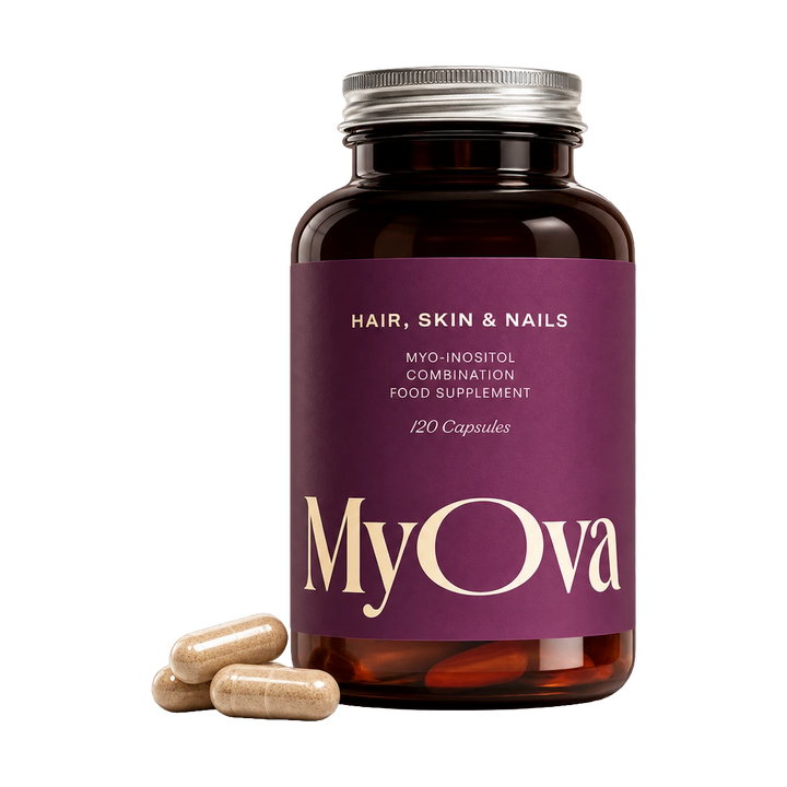 A dark amber supplement bottle with a purple label reading 'MyOva' and 'Hair, Skin & Nails', shown on a white background with three beige capsules in front.