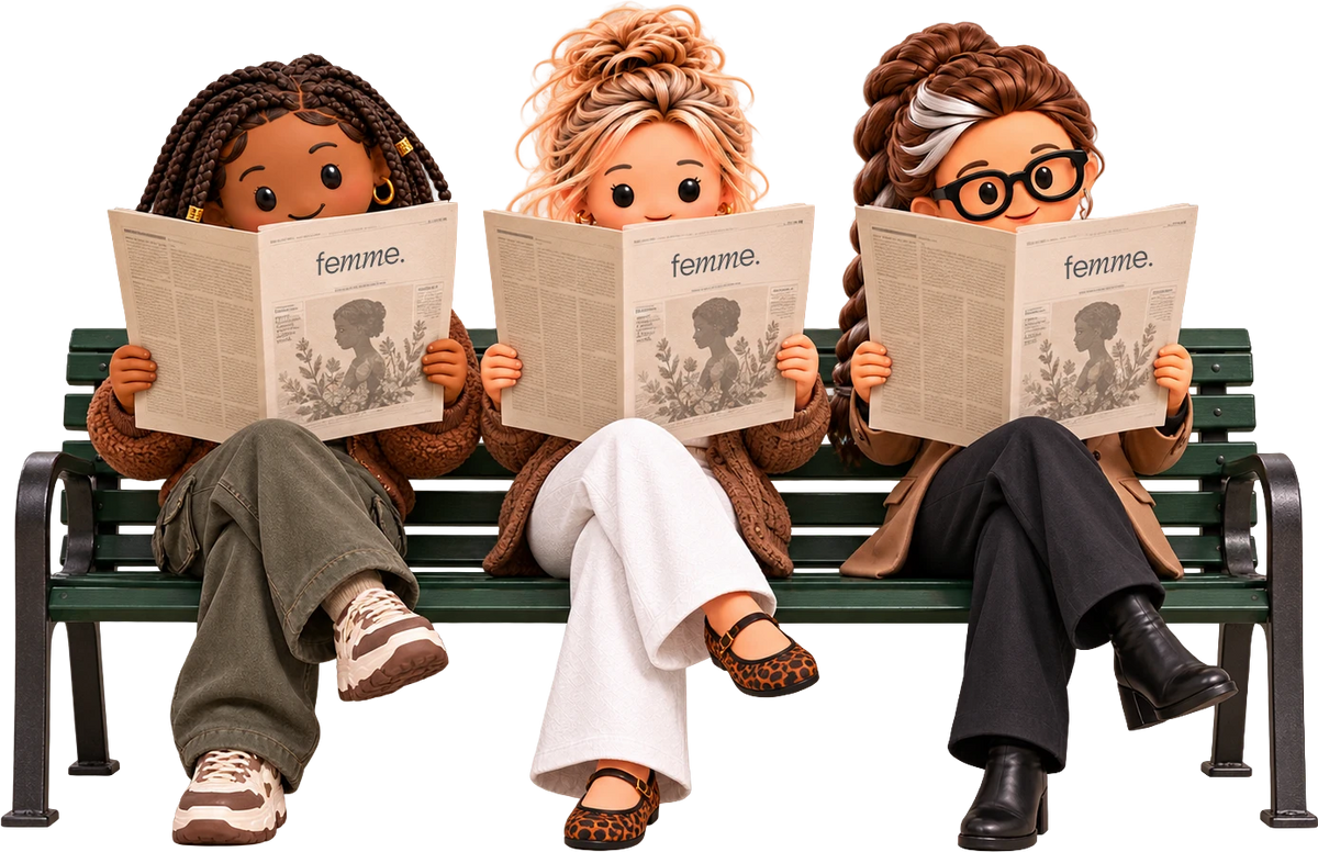 Three animated figures sit on a bench reading femme. newspapers.